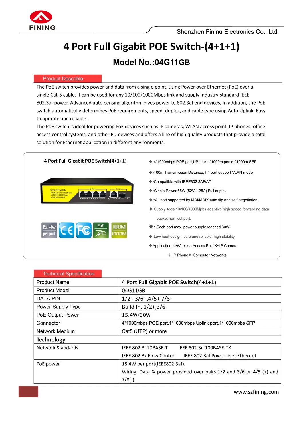 4 Port Full Gigabit Poe Switch for Wireless Access Point, IP Camera, IP Phone, Computer Networks