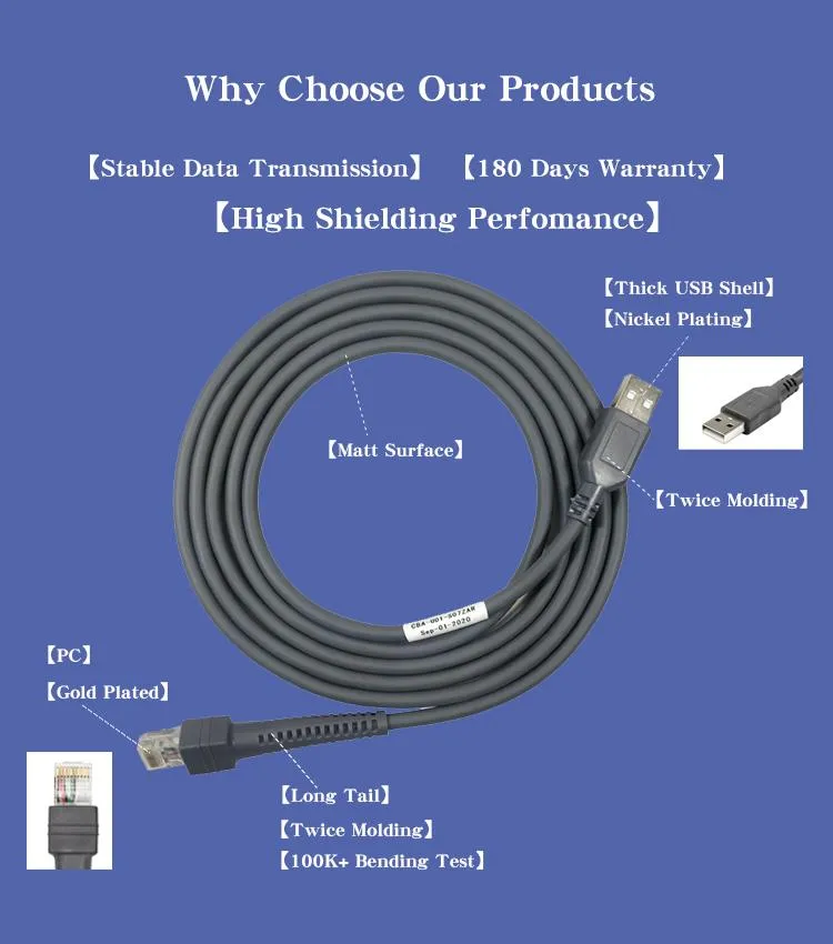 Cba-U01-S07zar USB a Male 2m Cable RJ45 10p10c for Motolora Symbol Ls2208 Ls3408 Qr Code 1d 2D Barcode Scanner Data Cable