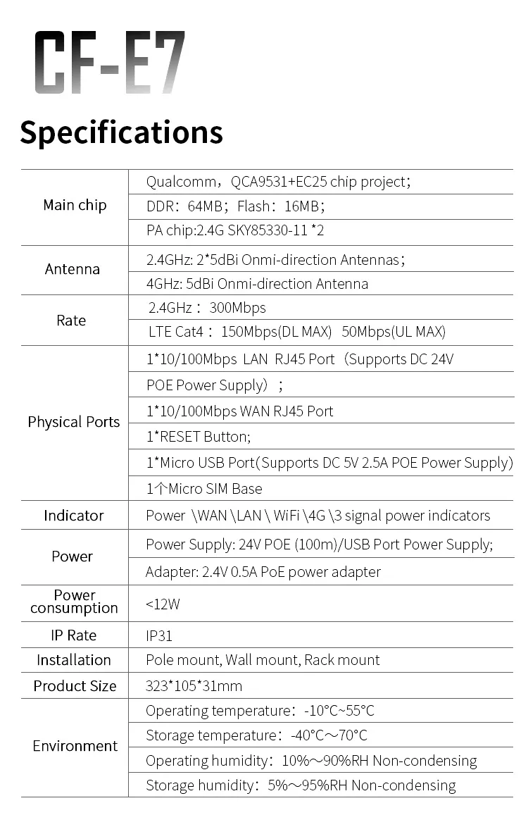 CF-E7 Outdoor 4G LTE Router High Power 300Mbps Wireless Router 4G SIM Card WiFi Router for IP Camera
