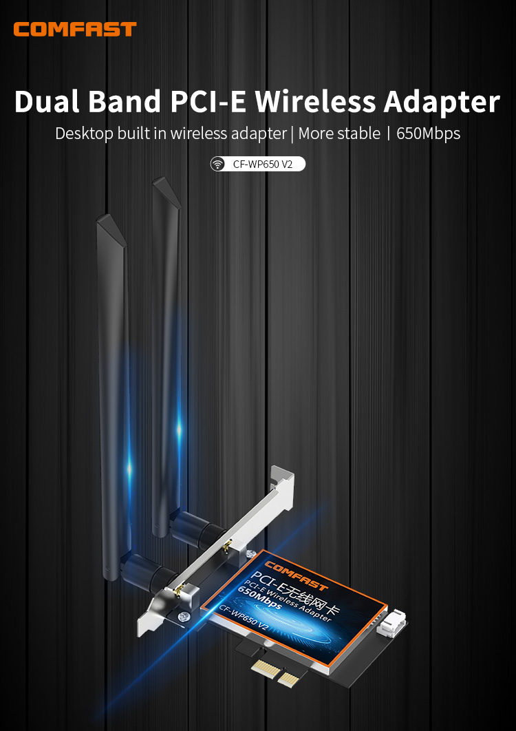 CF-Wp650 V2 Wireless Dongle Pcie WiFi Card 650Mbps AC Dual Band Ethernet Network Adapter 2*6dBi Antennas