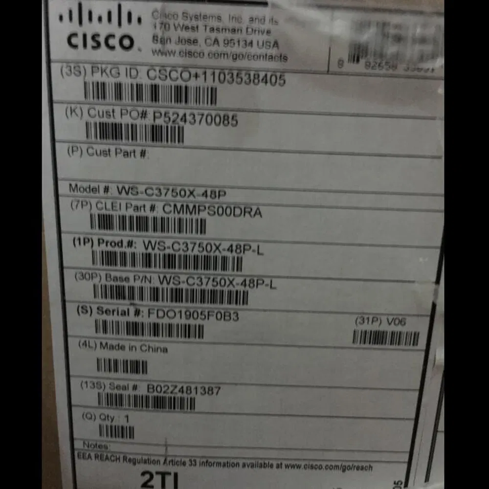 Cisco Ws-C3750X-48p-L Catalyst 3750X 48 Port Poe LAN Base Ethernet Switch