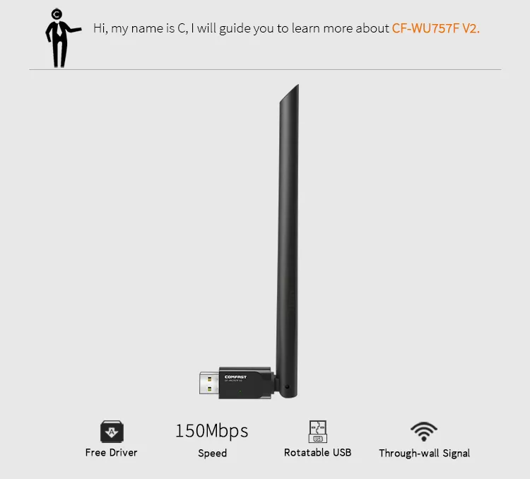 Comfast CF-Wu757f V2 150Mbps Rtl8188 WiFi Adapter USB WiFi Dongle with External Antenna