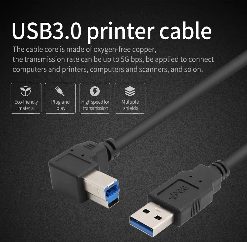 Custom Elbow 90 Degree Angled USB3.0 Printer Cable for Printers and Computer
