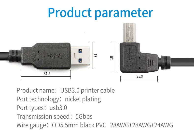 Custom Elbow 90 Degree Angled USB3.0 Printer Cable for Printers and Computer