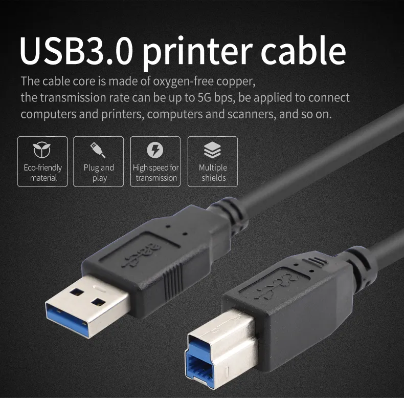 High Speed 5gbps USB 3.0 Printer Cable for Printer Scanners 1/2/3/5 Meter 10FT