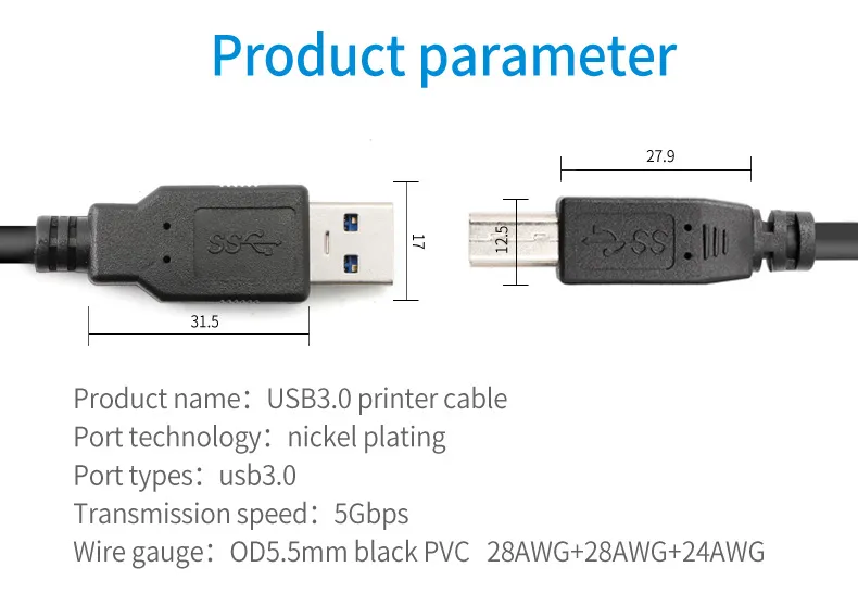High Speed 5gbps USB 3.0 Printer Cable for Printer Scanners 1/2/3/5 Meter 10FT