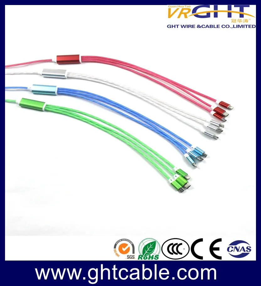 LED USB 3 in 1 Cable EL Flowing Charging Lighted up Glowing