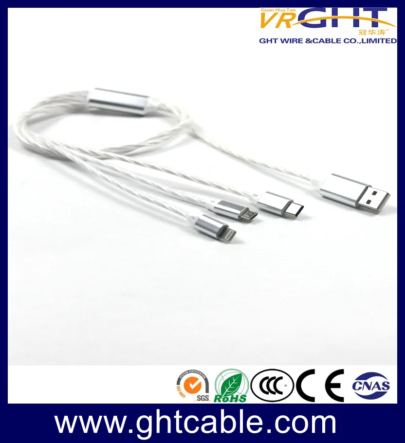LED USB 3 in 1 Cable EL Flowing Charging Lighted up Glowing