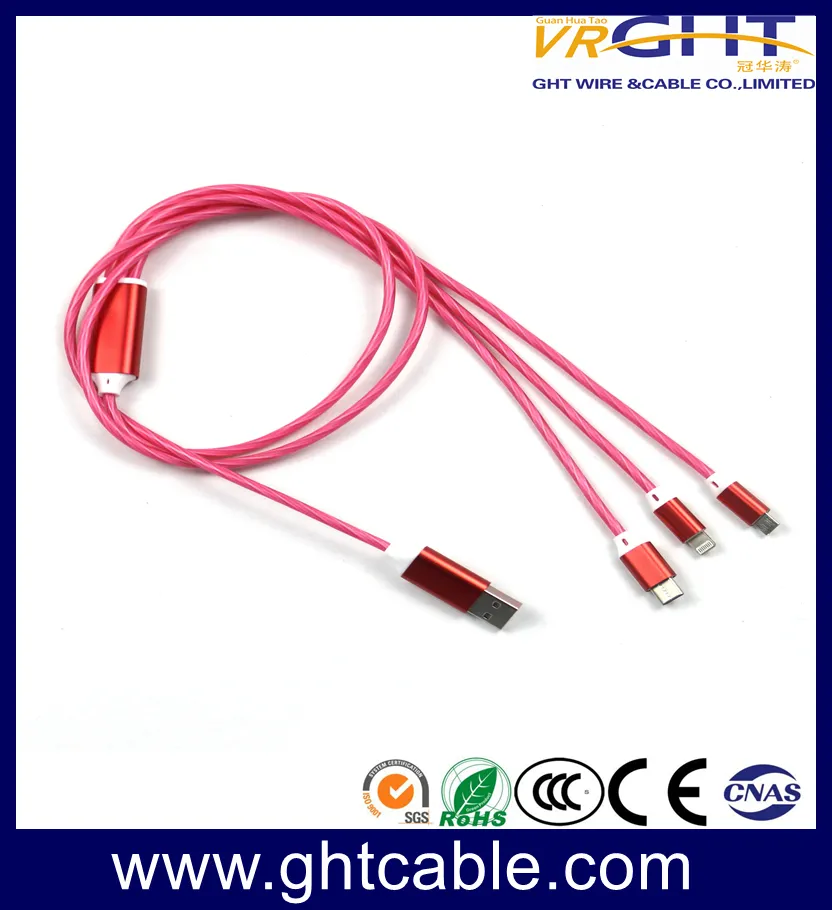 LED USB 3 in 1 Cable EL Flowing Charging Lighted up Glowing