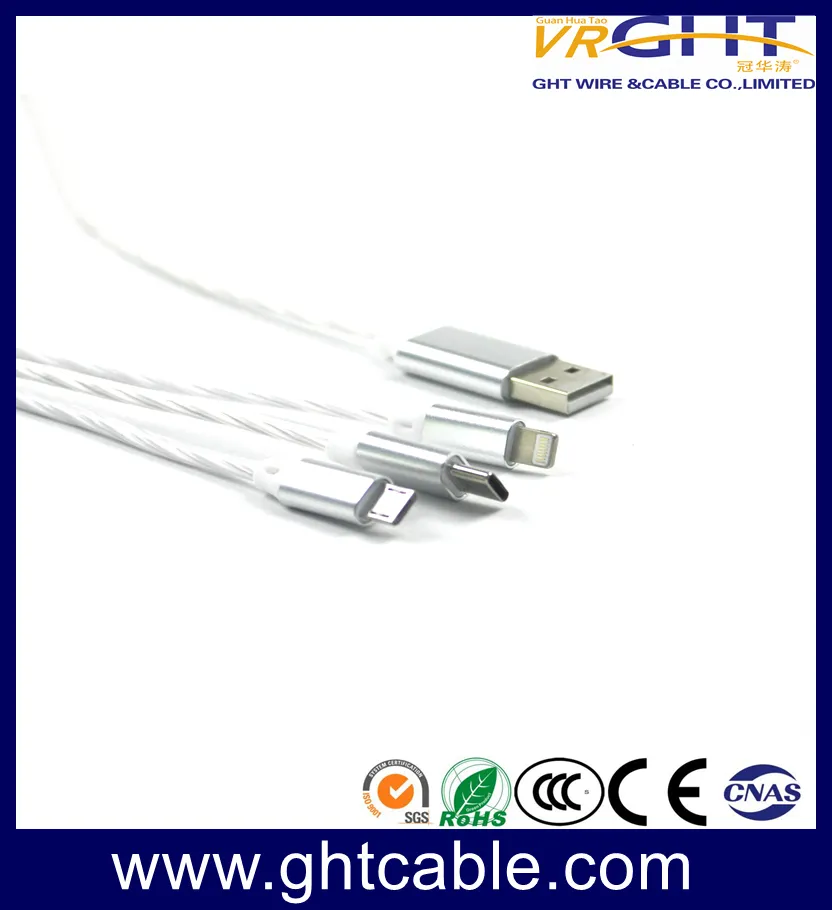 LED USB 3 in 1 Cable EL Flowing Charging Lighted up Glowing