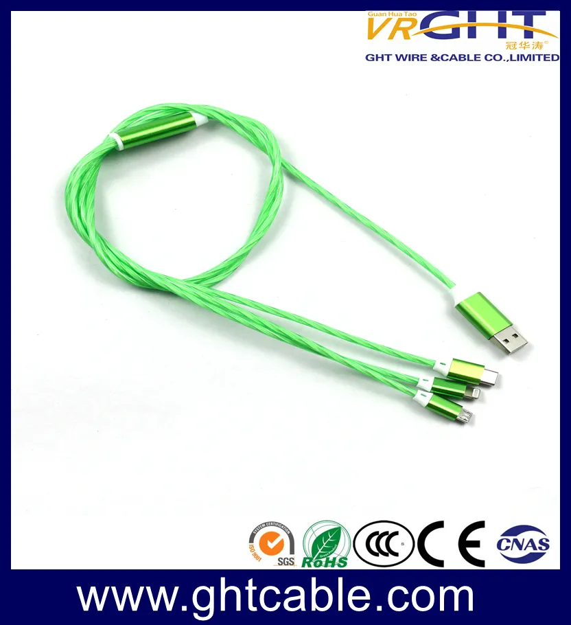 LED USB 3 in 1 Cable EL Flowing Charging Lighted up Glowing