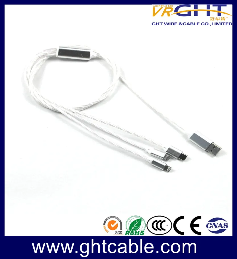 LED USB 3 in 1 Cable EL Flowing Charging Lighted up Glowing
