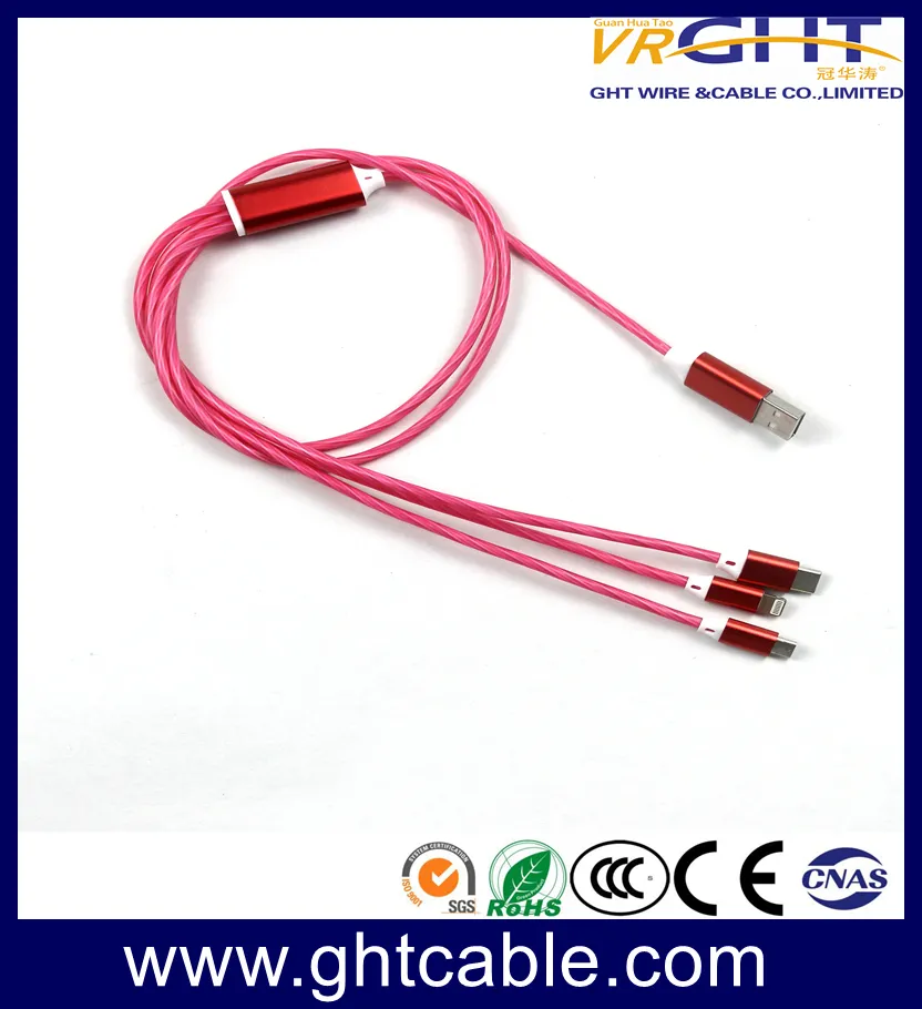 LED USB 3 in 1 Cable EL Flowing Charging Lighted up Glowing