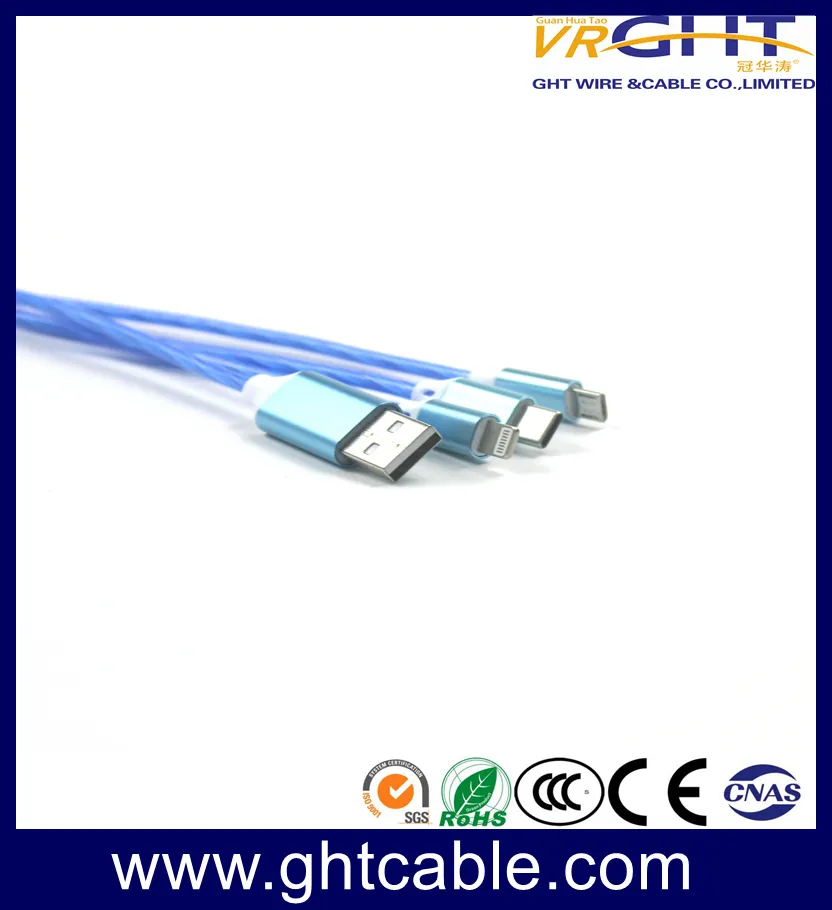 LED USB 3 in 1 Cable EL Flowing Charging Lighted up Glowing
