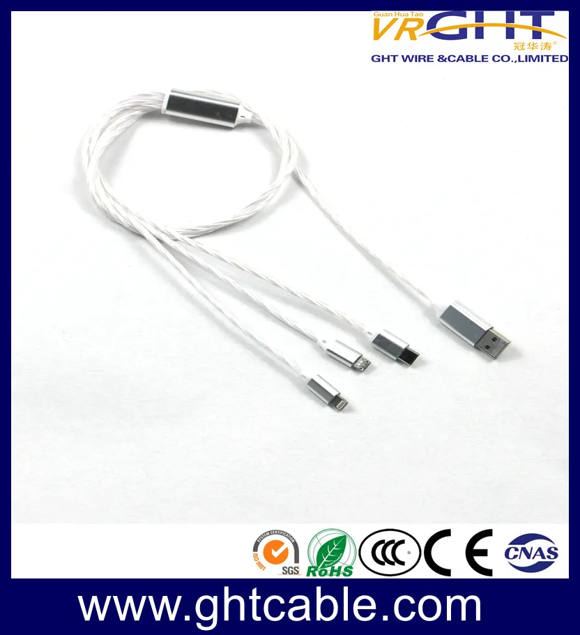 LED USB 3 in 1 Cable EL Flowing Charging Lighted up Glowing