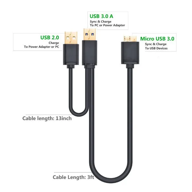 Micro USB 3.0 Y Cable Super Speed USB 3.0 a Male to Micro B Male