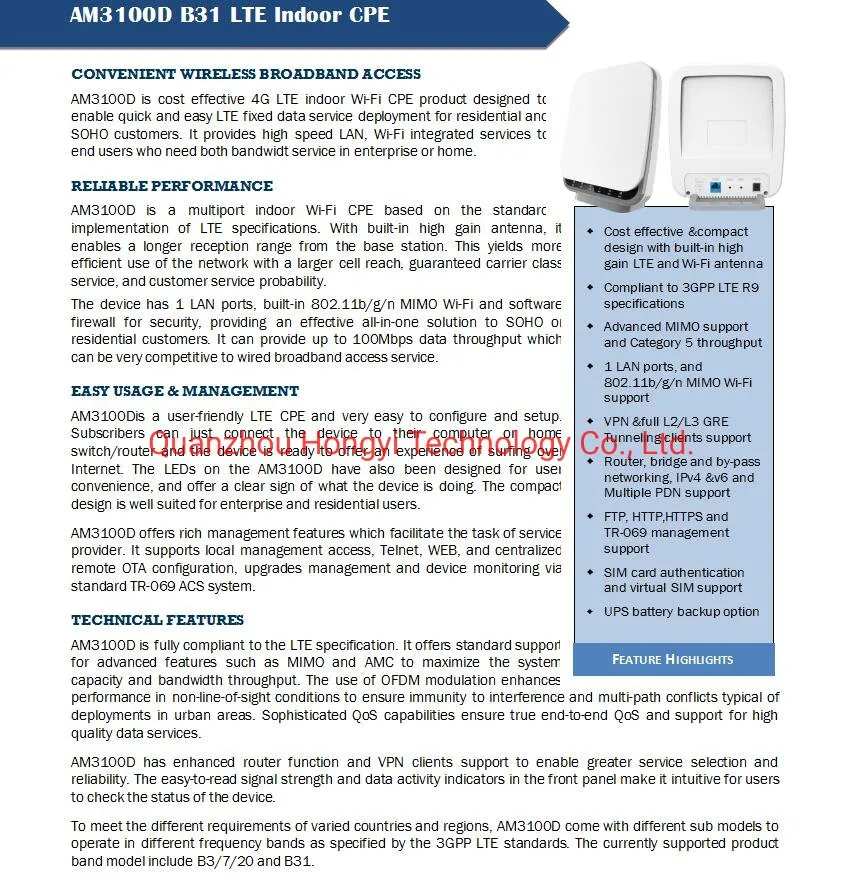 Model B3/B7/B20/B31/B40 4G WiFi Router with 4G Cat4 LTE Modem Support LTE-FDD LTE-Tdd Band with 2.4GHz WiFi and Single Wan / LAN Port