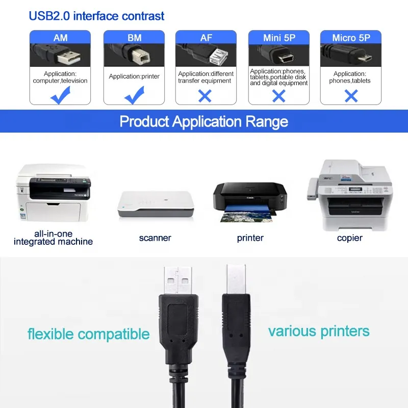 USB Printer Cable Type a to Type B Male 1m 1.8m 3m 5m Type B Port
