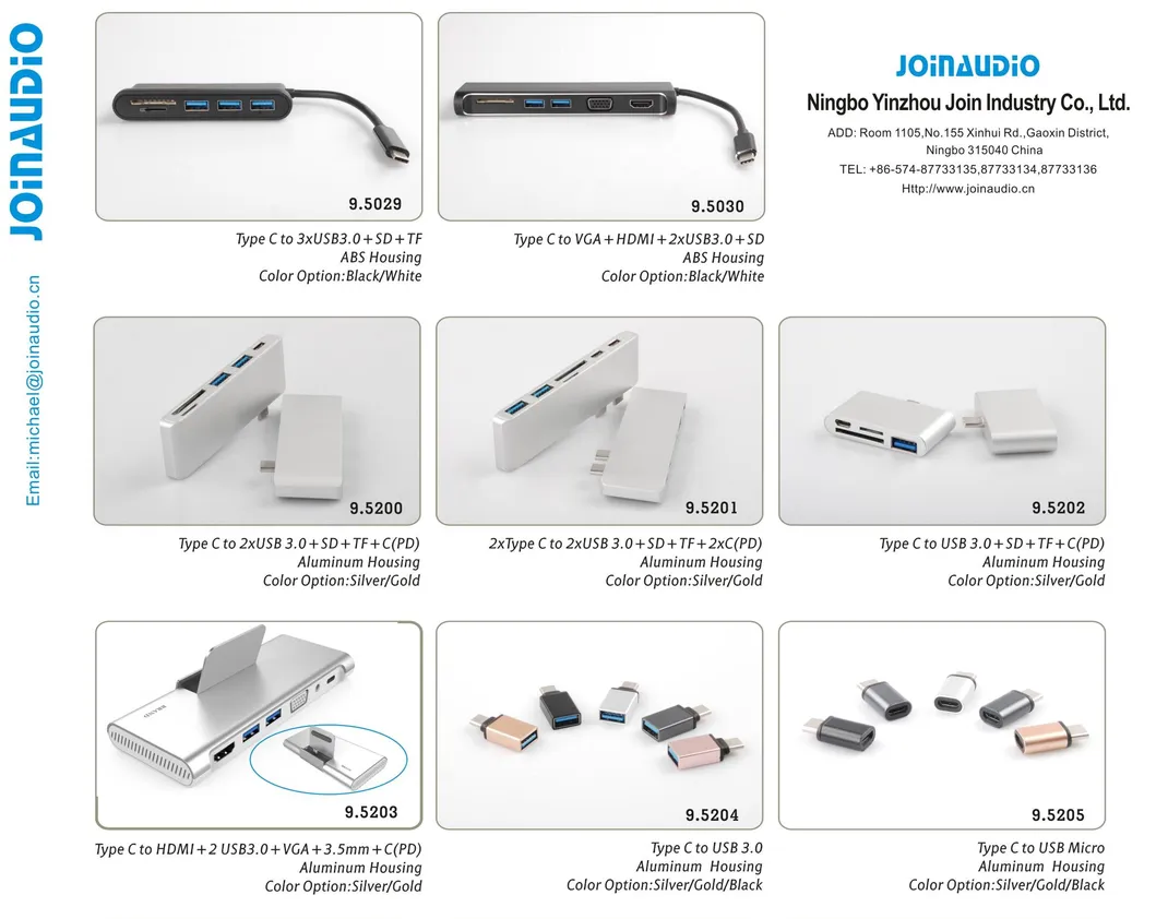 USB3.0 VGA 3.5mm Type C Female to Type C Male Metal Adapter for Android Pd (9.5203)