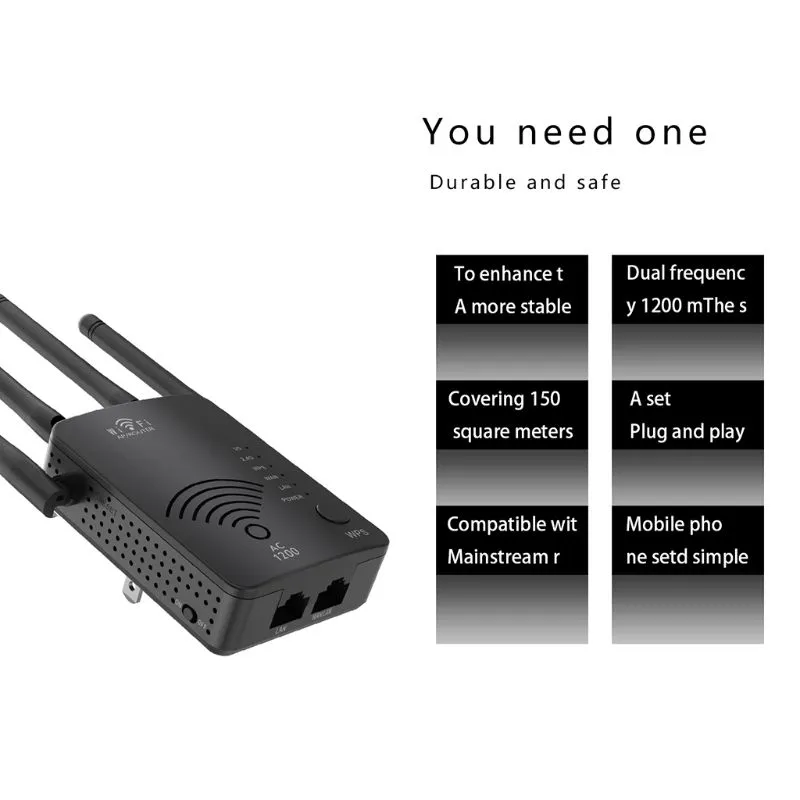 Wireless WiFi Signal Booster 1200Mbps Wi-Fi Range Extender with Ethernet Port Router WiFi Repeater 2.4G and 5g Dual Band Interne